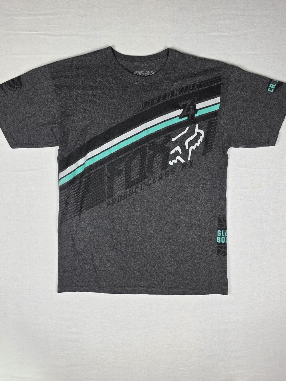 Fox Men's Dark Gray Short Sleeve Tee with Teal and White Stripes